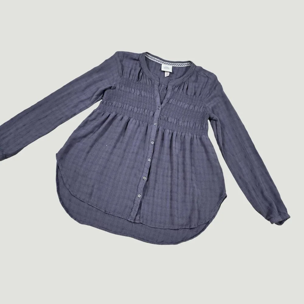 Boho Tunic Blouse Smocked Henley Long Sleeve Gray Medium - Picture 6 of 16